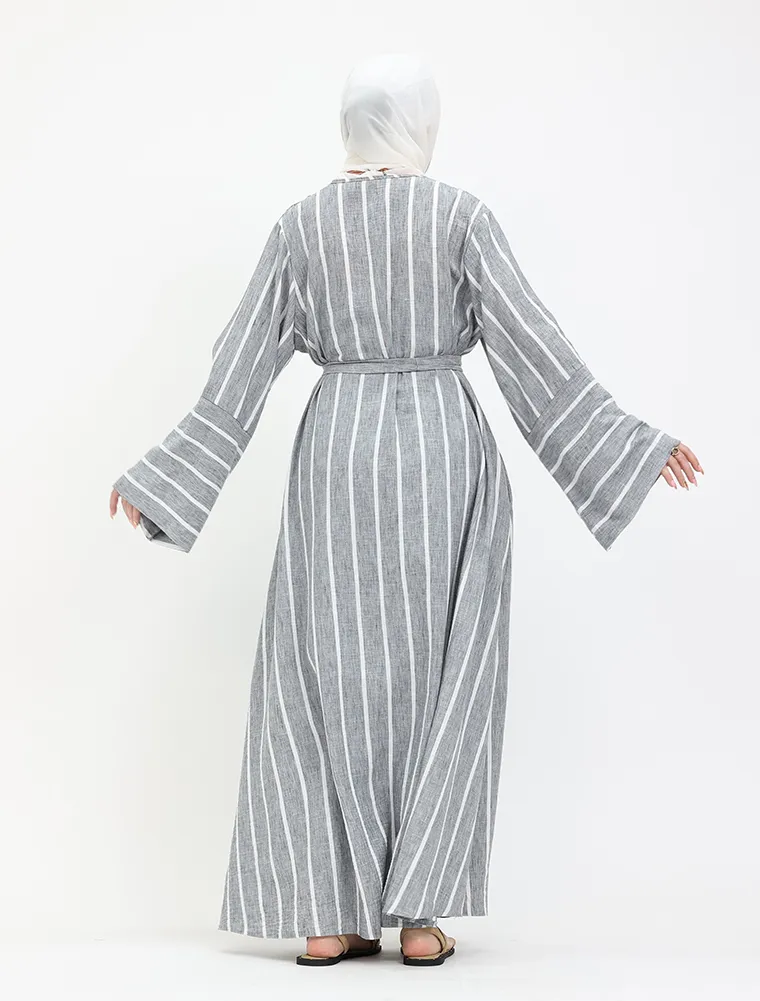 Grey Linen Feel Striped Belted Abaya